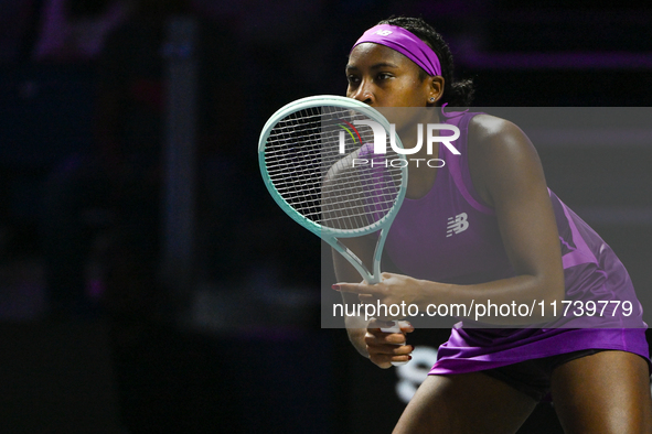 RIYADH, SAUDI ARABIA - NOVEMBER 03: Coco Gauff of USA during her match against Jessica Pegula of USA on day 2 of the 2024 WTA Finals, part o...