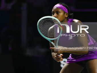 RIYADH, SAUDI ARABIA - NOVEMBER 03: Coco Gauff of USA during her match against Jessica Pegula of USA on day 2 of the 2024 WTA Finals, part o...