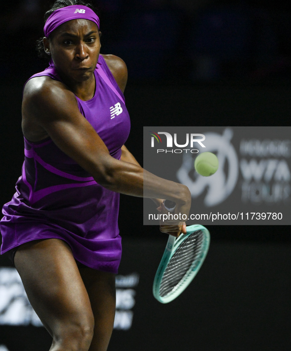 RIYADH, SAUDI ARABIA - NOVEMBER 03: Coco Gauff of USA during her match against Jessica Pegula of USA on day 2 of the 2024 WTA Finals, part o...