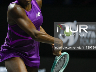 RIYADH, SAUDI ARABIA - NOVEMBER 03: Coco Gauff of USA during her match against Jessica Pegula of USA on day 2 of the 2024 WTA Finals, part o...