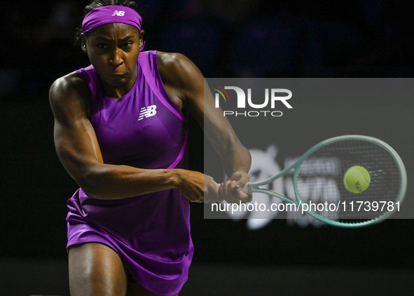 RIYADH, SAUDI ARABIA - NOVEMBER 03: Coco Gauff of USA during her match against Jessica Pegula of USA on day 2 of the 2024 WTA Finals, part o...