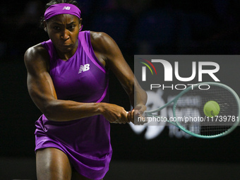 RIYADH, SAUDI ARABIA - NOVEMBER 03: Coco Gauff of USA during her match against Jessica Pegula of USA on day 2 of the 2024 WTA Finals, part o...