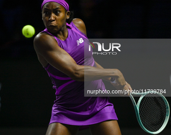 RIYADH, SAUDI ARABIA - NOVEMBER 03: Coco Gauff of USA during her match against Jessica Pegula of USA on day 2 of the 2024 WTA Finals, part o...