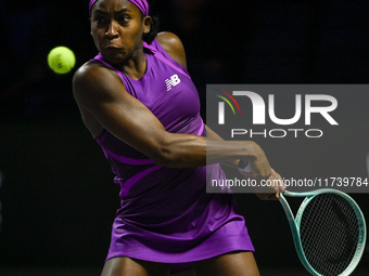 RIYADH, SAUDI ARABIA - NOVEMBER 03: Coco Gauff of USA during her match against Jessica Pegula of USA on day 2 of the 2024 WTA Finals, part o...