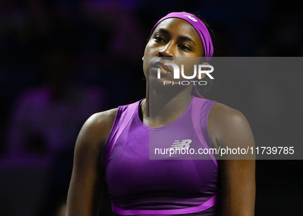 RIYADH, SAUDI ARABIA - NOVEMBER 03: Coco Gauff of USA during her match against Jessica Pegula of USA on day 2 of the 2024 WTA Finals, part o...