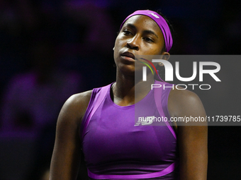 RIYADH, SAUDI ARABIA - NOVEMBER 03: Coco Gauff of USA during her match against Jessica Pegula of USA on day 2 of the 2024 WTA Finals, part o...