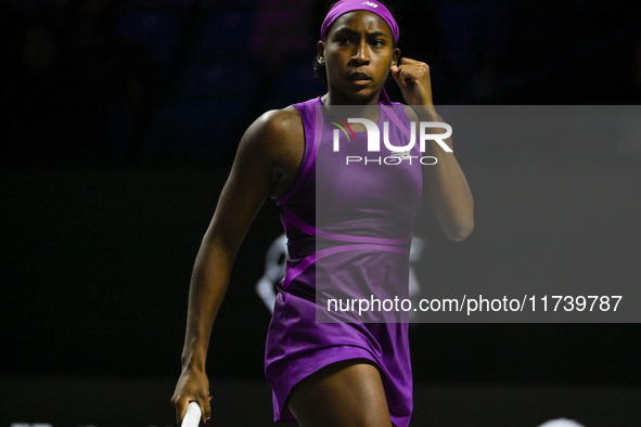 RIYADH, SAUDI ARABIA - NOVEMBER 03: Coco Gauff of USA during her match against Jessica Pegula of USA on day 2 of the 2024 WTA Finals, part o...