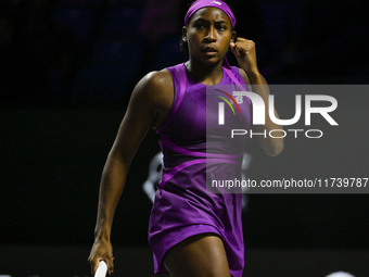 RIYADH, SAUDI ARABIA - NOVEMBER 03: Coco Gauff of USA during her match against Jessica Pegula of USA on day 2 of the 2024 WTA Finals, part o...