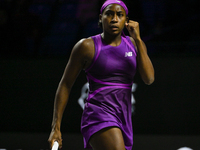 RIYADH, SAUDI ARABIA - NOVEMBER 03: Coco Gauff of USA during her match against Jessica Pegula of USA on day 2 of the 2024 WTA Finals, part o...