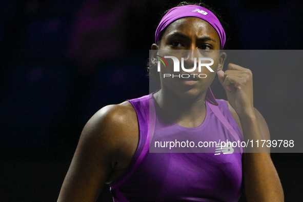 RIYADH, SAUDI ARABIA - NOVEMBER 03: Coco Gauff of USA during her match against Jessica Pegula of USA on day 2 of the 2024 WTA Finals, part o...