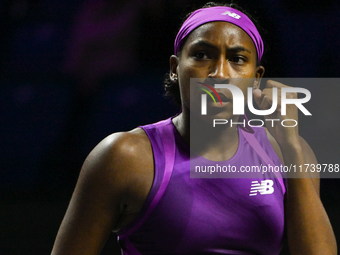 RIYADH, SAUDI ARABIA - NOVEMBER 03: Coco Gauff of USA during her match against Jessica Pegula of USA on day 2 of the 2024 WTA Finals, part o...