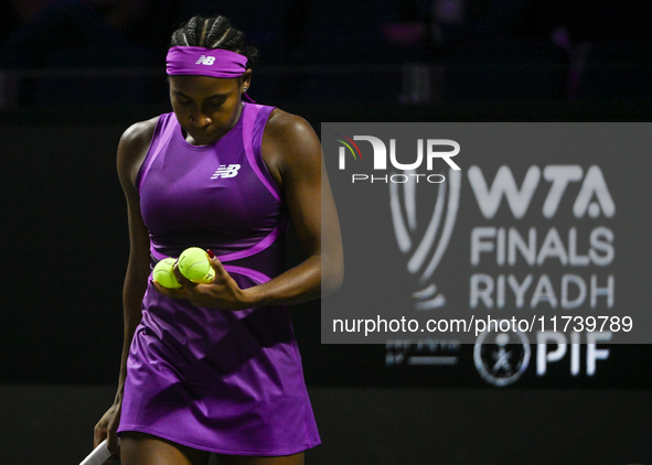 RIYADH, SAUDI ARABIA - NOVEMBER 03: Coco Gauff of USA during her match against Jessica Pegula of USA on day 2 of the 2024 WTA Finals, part o...