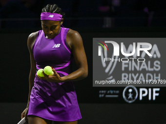 RIYADH, SAUDI ARABIA - NOVEMBER 03: Coco Gauff of USA during her match against Jessica Pegula of USA on day 2 of the 2024 WTA Finals, part o...