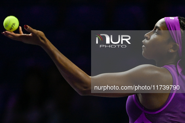 RIYADH, SAUDI ARABIA - NOVEMBER 03: Coco Gauff of USA during her match against Jessica Pegula of USA on day 2 of the 2024 WTA Finals, part o...