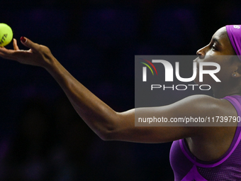 RIYADH, SAUDI ARABIA - NOVEMBER 03: Coco Gauff of USA during her match against Jessica Pegula of USA on day 2 of the 2024 WTA Finals, part o...