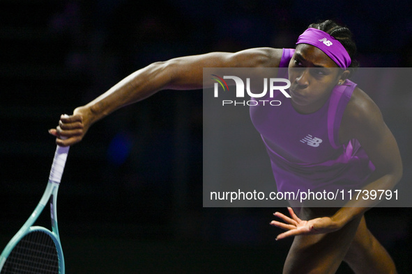 RIYADH, SAUDI ARABIA - NOVEMBER 03: Coco Gauff of USA during her match against Jessica Pegula of USA on day 2 of the 2024 WTA Finals, part o...