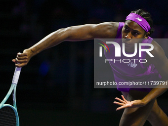 RIYADH, SAUDI ARABIA - NOVEMBER 03: Coco Gauff of USA during her match against Jessica Pegula of USA on day 2 of the 2024 WTA Finals, part o...