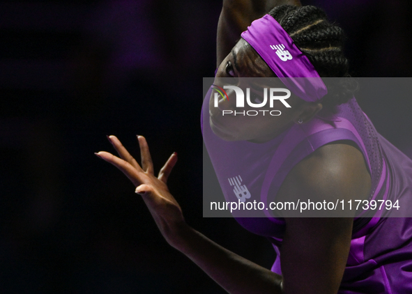 RIYADH, SAUDI ARABIA - NOVEMBER 03: Coco Gauff of USA during her match against Jessica Pegula of USA on day 2 of the 2024 WTA Finals, part o...