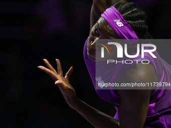 RIYADH, SAUDI ARABIA - NOVEMBER 03: Coco Gauff of USA during her match against Jessica Pegula of USA on day 2 of the 2024 WTA Finals, part o...