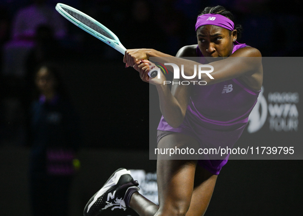 RIYADH, SAUDI ARABIA - NOVEMBER 03: Coco Gauff of USA during her match against Jessica Pegula of USA on day 2 of the 2024 WTA Finals, part o...