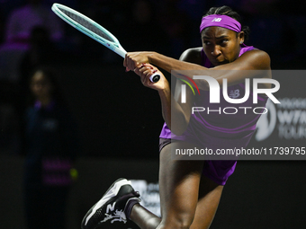 RIYADH, SAUDI ARABIA - NOVEMBER 03: Coco Gauff of USA during her match against Jessica Pegula of USA on day 2 of the 2024 WTA Finals, part o...