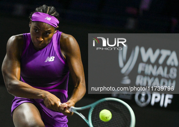 RIYADH, SAUDI ARABIA - NOVEMBER 03: Coco Gauff of USA during her match against Jessica Pegula of USA on day 2 of the 2024 WTA Finals, part o...