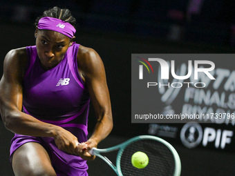 RIYADH, SAUDI ARABIA - NOVEMBER 03: Coco Gauff of USA during her match against Jessica Pegula of USA on day 2 of the 2024 WTA Finals, part o...