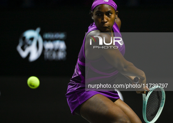 RIYADH, SAUDI ARABIA - NOVEMBER 03: Coco Gauff of USA during her match against Jessica Pegula of USA on day 2 of the 2024 WTA Finals, part o...