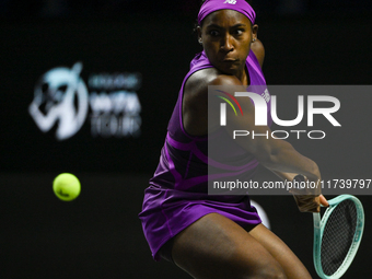 RIYADH, SAUDI ARABIA - NOVEMBER 03: Coco Gauff of USA during her match against Jessica Pegula of USA on day 2 of the 2024 WTA Finals, part o...