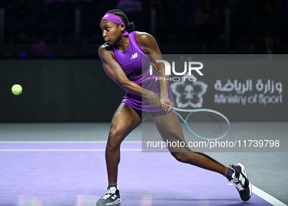 RIYADH, SAUDI ARABIA - NOVEMBER 03: Coco Gauff of USA during her match against Jessica Pegula of USA on day 2 of the 2024 WTA Finals, part o...