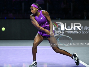 RIYADH, SAUDI ARABIA - NOVEMBER 03: Coco Gauff of USA during her match against Jessica Pegula of USA on day 2 of the 2024 WTA Finals, part o...