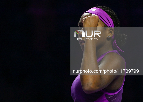 RIYADH, SAUDI ARABIA - NOVEMBER 03: Coco Gauff of USA during her match against Jessica Pegula of USA on day 2 of the 2024 WTA Finals, part o...