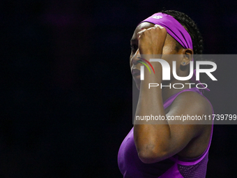 RIYADH, SAUDI ARABIA - NOVEMBER 03: Coco Gauff of USA during her match against Jessica Pegula of USA on day 2 of the 2024 WTA Finals, part o...