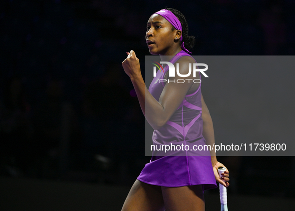 RIYADH, SAUDI ARABIA - NOVEMBER 03: Coco Gauff of USA during her match against Jessica Pegula of USA on day 2 of the 2024 WTA Finals, part o...