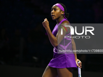 RIYADH, SAUDI ARABIA - NOVEMBER 03: Coco Gauff of USA during her match against Jessica Pegula of USA on day 2 of the 2024 WTA Finals, part o...