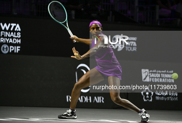 RIYADH, SAUDI ARABIA - NOVEMBER 03: Coco Gauff of USA during her match against Jessica Pegula of USA on day 2 of the 2024 WTA Finals, part o...