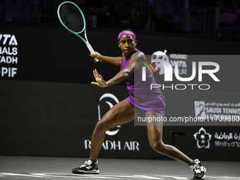 RIYADH, SAUDI ARABIA - NOVEMBER 03: Coco Gauff of USA during her match against Jessica Pegula of USA on day 2 of the 2024 WTA Finals, part o...