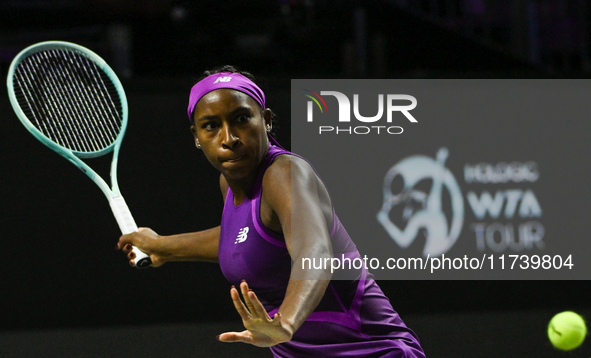 RIYADH, SAUDI ARABIA - NOVEMBER 03: Coco Gauff of USA during her match against Jessica Pegula of USA on day 2 of the 2024 WTA Finals, part o...