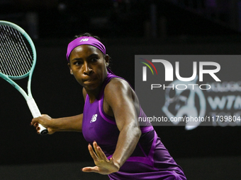 RIYADH, SAUDI ARABIA - NOVEMBER 03: Coco Gauff of USA during her match against Jessica Pegula of USA on day 2 of the 2024 WTA Finals, part o...