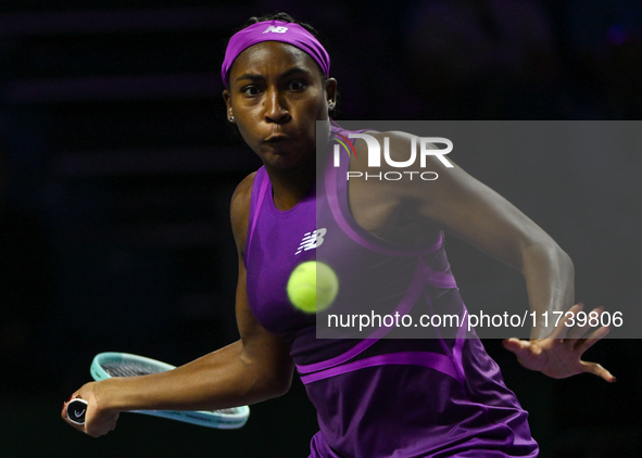 RIYADH, SAUDI ARABIA - NOVEMBER 03: Coco Gauff of USA during her match against Jessica Pegula of USA on day 2 of the 2024 WTA Finals, part o...