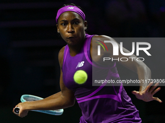 RIYADH, SAUDI ARABIA - NOVEMBER 03: Coco Gauff of USA during her match against Jessica Pegula of USA on day 2 of the 2024 WTA Finals, part o...