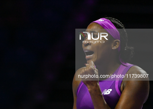 RIYADH, SAUDI ARABIA - NOVEMBER 03: Coco Gauff of USA during her match against Jessica Pegula of USA on day 2 of the 2024 WTA Finals, part o...