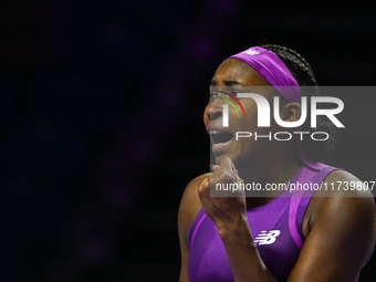 RIYADH, SAUDI ARABIA - NOVEMBER 03: Coco Gauff of USA during her match against Jessica Pegula of USA on day 2 of the 2024 WTA Finals, part o...