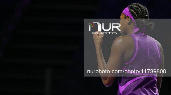 RIYADH, SAUDI ARABIA - NOVEMBER 03: Coco Gauff of USA during her match against Jessica Pegula of USA on day 2 of the 2024 WTA Finals, part o...