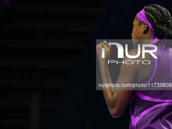 RIYADH, SAUDI ARABIA - NOVEMBER 03: Coco Gauff of USA during her match against Jessica Pegula of USA on day 2 of the 2024 WTA Finals, part o...