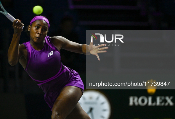 RIYADH, SAUDI ARABIA - NOVEMBER 03: Coco Gauff of USA during her match against Jessica Pegula of USA on day 2 of the 2024 WTA Finals, part o...