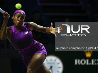 RIYADH, SAUDI ARABIA - NOVEMBER 03: Coco Gauff of USA during her match against Jessica Pegula of USA on day 2 of the 2024 WTA Finals, part o...