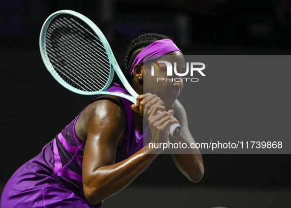 RIYADH, SAUDI ARABIA - NOVEMBER 03: Coco Gauff of USA during her match against Jessica Pegula of USA on day 2 of the 2024 WTA Finals, part o...