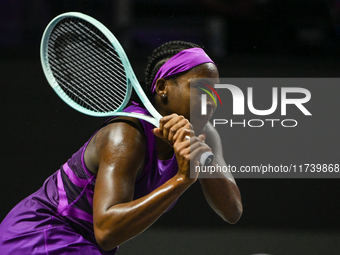 RIYADH, SAUDI ARABIA - NOVEMBER 03: Coco Gauff of USA during her match against Jessica Pegula of USA on day 2 of the 2024 WTA Finals, part o...