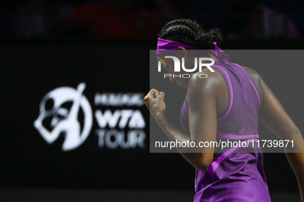 RIYADH, SAUDI ARABIA - NOVEMBER 03: Coco Gauff of USA during her match against Jessica Pegula of USA on day 2 of the 2024 WTA Finals, part o...